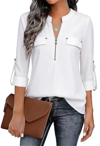Bulotus 3/4 Length Sleeve Womens Striped Tops Zipper V Neck Collared Blouses Business Casual Tunics 2026 Spring Trendy - BULOTUS