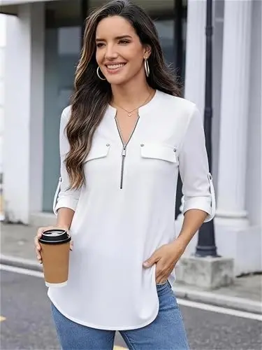 Bulotus 3/4 Length Sleeve Womens Striped Tops Zipper V Neck Collared Blouses Business Casual Tunics 2026 Spring Trendy - BULOTUS (1)