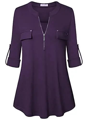 Bulotus 3/4 Length Sleeve Womens Striped Tops Zipper V Neck Collared Blouses Business Casual Tunics 2026 Spring Trendy - 1