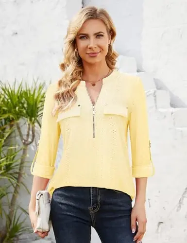 Bulotus 3/4 Length Sleeve Womens Striped Tops Zipper V Neck Collared Blouses Business Casual Tunics 2026 Spring Trendy - 3