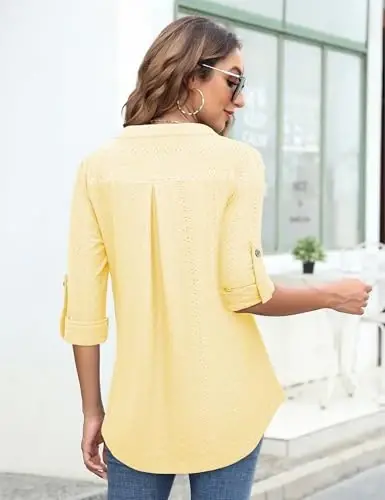 Bulotus 3/4 Length Sleeve Womens Striped Tops Zipper V Neck Collared Blouses Business Casual Tunics 2026 Spring Trendy - 4