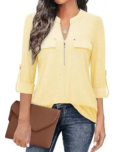 Bulotus 3/4 Length Sleeve Womens Striped Tops Zipper V Neck Collared Blouses Business Casual Tunics 2026 Spring Trendy - BULOTUS