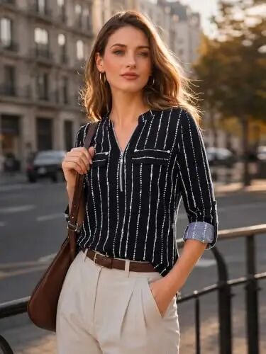 Bulotus 3/4 Length Sleeve Womens Striped Tops Zipper V Neck Collared Blouses Business Casual Tunics 2026 Spring Trendy - 3