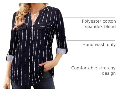 Bulotus 3/4 Length Sleeve Womens Striped Tops Zipper V Neck Collared Blouses Business Casual Tunics 2026 Spring Trendy - 4