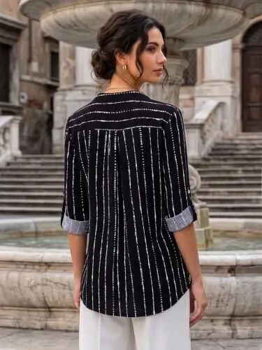 Bulotus 3/4 Length Sleeve Womens Striped Tops Zipper V Neck Collared Blouses Business Casual Tunics 2026 Spring Trendy - 6
