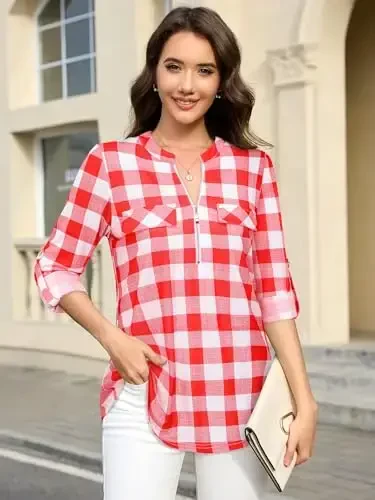 Bulotus Women's Zip Front V-Neck 3/4 Length Sleeve Womens Tops Business Casual Shirts - BULOTUS (1)