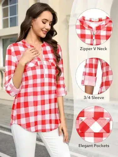 Bulotus Women's Zip Front V-Neck 3/4 Length Sleeve Womens Tops Business Casual Shirts - 5