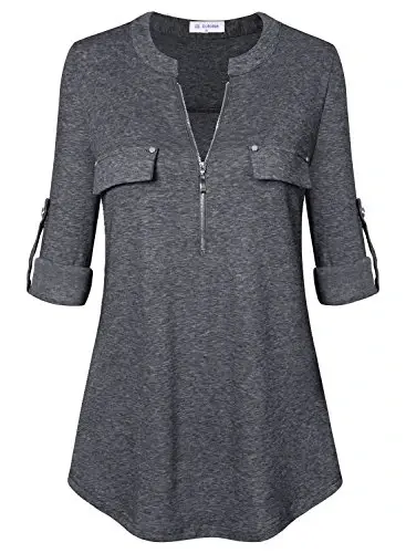 Bulotus 3/4 Length Sleeve Womens Striped Tops Zipper V Neck Collared Blouses Business Casual Tunics 2026 Spring Trendy - BULOTUS