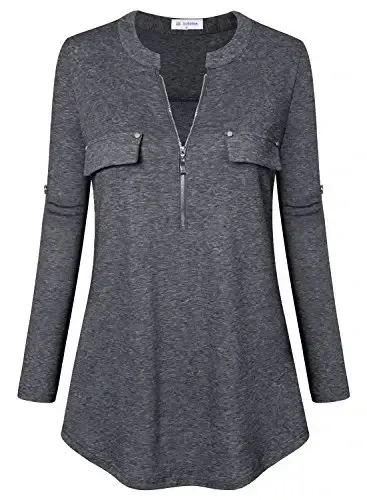 Bulotus Women's Zip Front V-Neck 3/4 Length Sleeve Womens Tops Business Casual Shirts - BULOTUS (1)