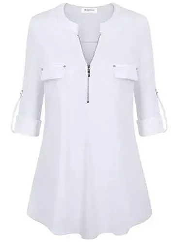 Bulotus Women's Zip Front V-Neck 3/4 Length Sleeve Womens Tops Business Casual Shirts 