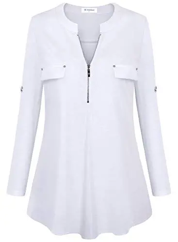 Bulotus Women's Zip Front V-Neck 3/4 Length Sleeve Womens Tops Business Casual Shirts - BULOTUS (1)