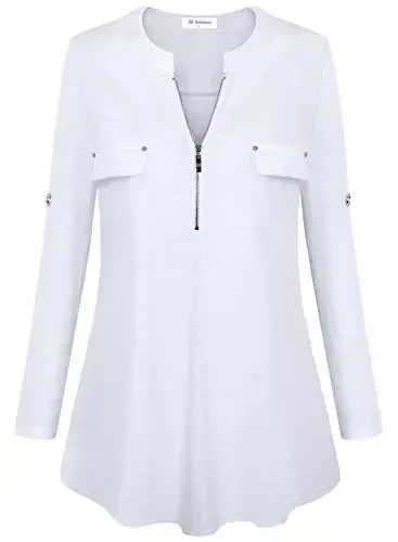 Bulotus Women's Zip Front V-Neck 3/4 Length Sleeve Womens Tops Business Casual Shirts - BULOTUS (1)