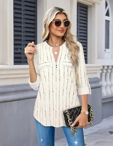 Bulotus 3/4 Length Sleeve Womens Striped Tops Zipper V Neck Collared Blouses Business Casual Tunics 2026 Spring Trendy - 2