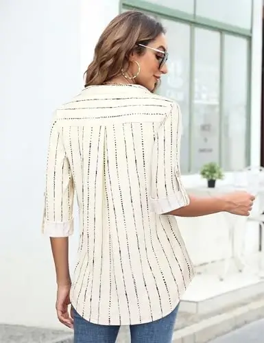 Bulotus 3/4 Length Sleeve Womens Striped Tops Zipper V Neck Collared Blouses Business Casual Tunics 2026 Spring Trendy - 4