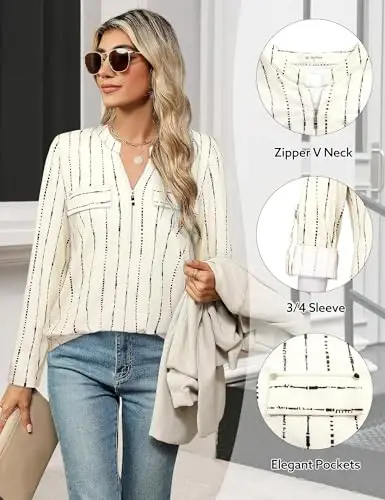 Bulotus 3/4 Length Sleeve Womens Striped Tops Zipper V Neck Collared Blouses Business Casual Tunics 2026 Spring Trendy - 5