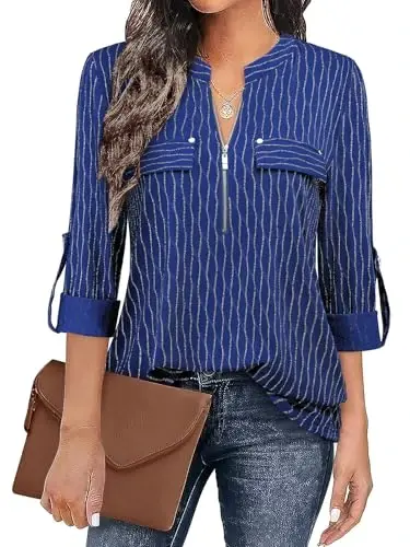 Bulotus Women's Zip Front V-Neck 3/4 Length Sleeve Womens Tops Business Casual Shirts - 1