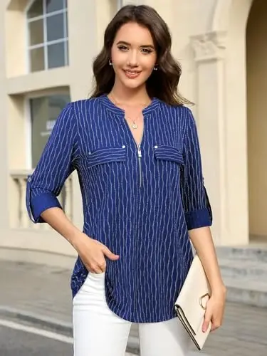 Bulotus Women's Zip Front V-Neck 3/4 Length Sleeve Womens Tops Business Casual Shirts - BULOTUS (1)