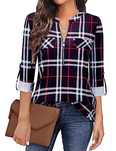 Bulotus Women's Zip Front V-Neck 3/4 Length Sleeve Womens Tops Business Casual Shirts - BULOTUS