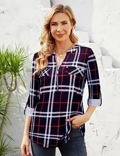 Bulotus Women's Zip Front V-Neck 3/4 Length Sleeve Womens Tops Business Casual Shirts - 2