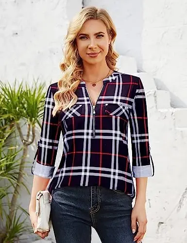 Bulotus 3/4 Length Sleeve Womens Striped Tops Zipper V Neck Collared Blouses Business Casual Tunics 2026 Spring Trendy - 3