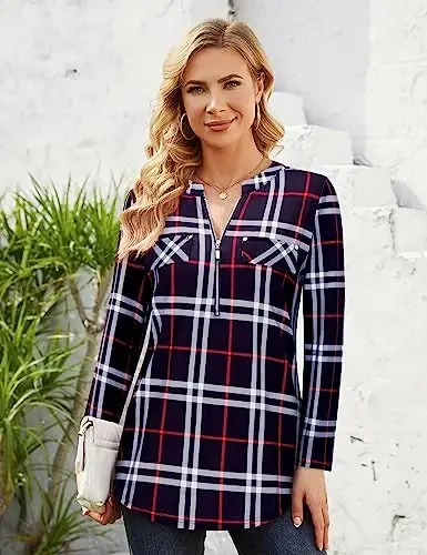 Bulotus 3/4 Length Sleeve Womens Striped Tops Zipper V Neck Collared Blouses Business Casual Tunics 2026 Spring Trendy - 4
