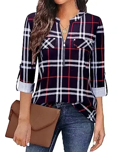 Bulotus Women's Zip Front V-Neck 3/4 Length Sleeve Womens Tops Business Casual Shirts - 1
