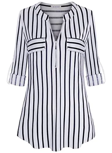 Bulotus 3/4 Length Sleeve Womens Striped Tops Zipper V Neck Collared Blouses Business Casual Tunics 2026 Spring Trendy - 1