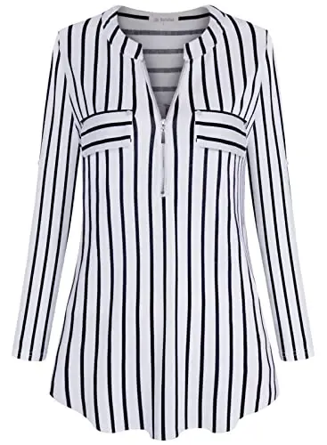 Bulotus 3/4 Length Sleeve Womens Striped Tops Zipper V Neck Collared Blouses Business Casual Tunics 2026 Spring Trendy - 2