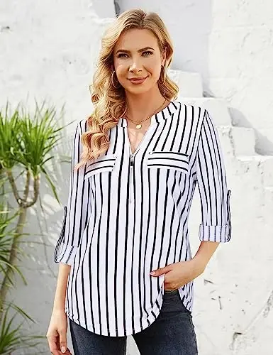 Bulotus 3/4 Length Sleeve Womens Striped Tops Zipper V Neck Collared Blouses Business Casual Tunics 2026 Spring Trendy - 3