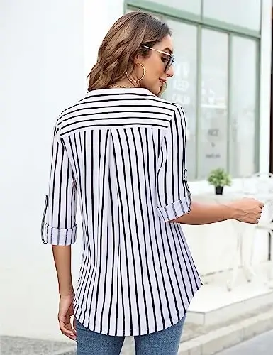 Bulotus 3/4 Length Sleeve Womens Striped Tops Zipper V Neck Collared Blouses Business Casual Tunics 2026 Spring Trendy - 4