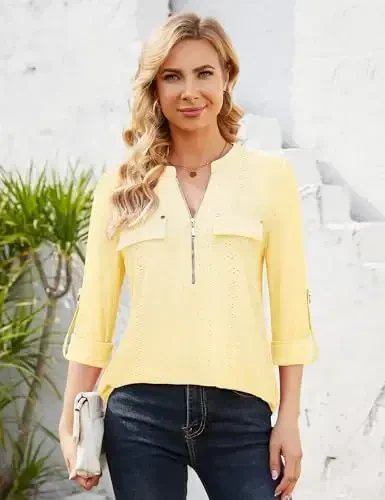 Bulotus Women's Zip Front V-Neck 3/4 Length Sleeve Womens Tops Business Casual Shirts - 3