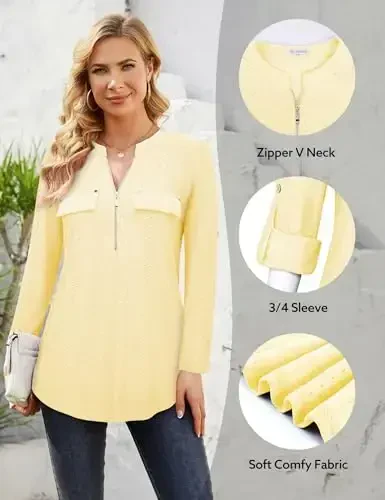 Bulotus Women's Zip Front V-Neck 3/4 Length Sleeve Womens Tops Business Casual Shirts - 5