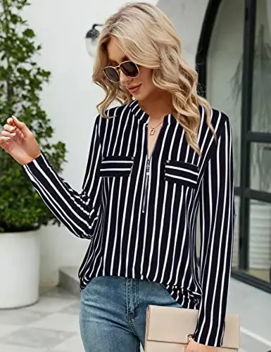 Bulotus Women's Zip Front V-Neck 3/4 Length Sleeve Womens Tops Business Casual Shirts - 3