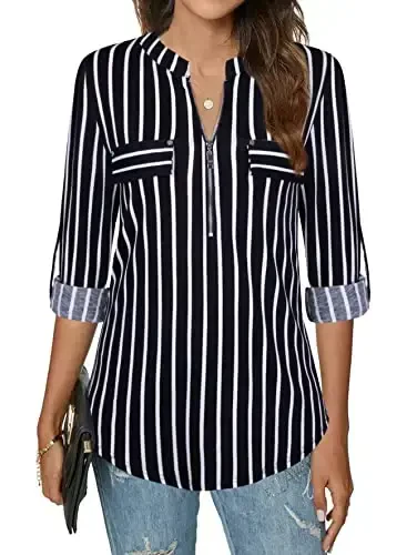 Bulotus Women's Zip Front V-Neck 3/4 Length Sleeve Womens Tops Business Casual Shirts - BULOTUS (1)