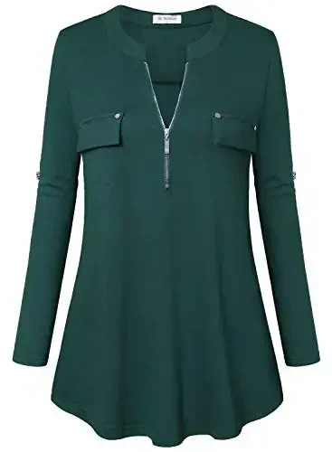 Bulotus Women's Zip Front V-Neck 3/4 Length Sleeve Womens Tops Business Casual Shirts - 2
