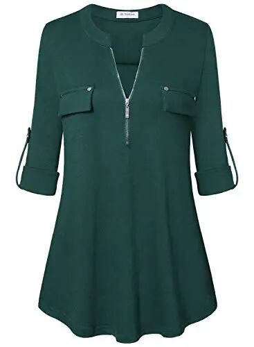 Bulotus 3/4 Length Sleeve Womens Striped Tops Zipper V Neck Collared Blouses Business Casual Tunics 2026 Spring Trendy - BULOTUS