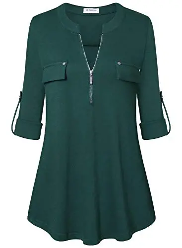 Bulotus 3/4 Length Sleeve Womens Striped Tops Zipper V Neck Collared Blouses Business Casual Tunics 2026 Spring Trendy - 1