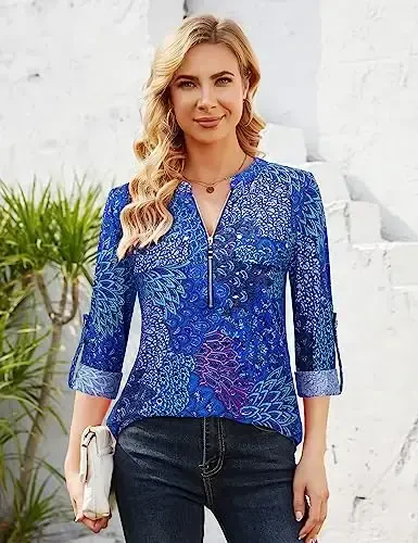 Bulotus Women's Zip Front V-Neck 3/4 Length Sleeve Womens Tops Business Casual Shirts - 3