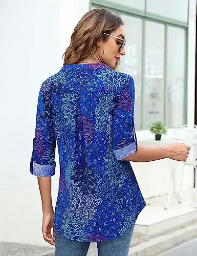 Bulotus Women's Zip Front V-Neck 3/4 Length Sleeve Womens Tops Business Casual Shirts - 5