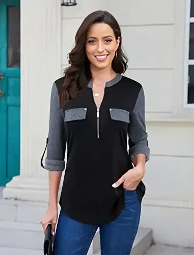 Bulotus Women's Zip Front V-Neck 3/4 Length Sleeve Womens Tops Business Casual Shirts - 2