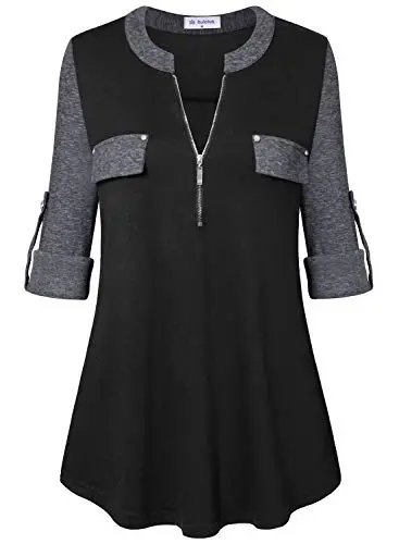 Bulotus 3/4 Length Sleeve Womens Striped Tops Zipper V Neck Collared Blouses Business Casual Tunics 2026 Spring Trendy - 1