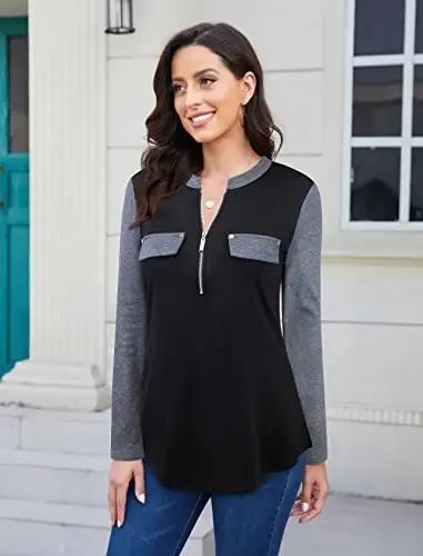 Bulotus Women's Zip Front V-Neck 3/4 Length Sleeve Womens Tops Business Casual Shirts - 3