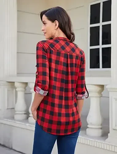 Bulotus Women's Zip Front V-Neck 3/4 Length Sleeve Womens Tops Business Casual Shirts - 4