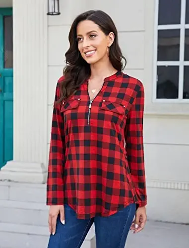 Bulotus Women's Zip Front V-Neck 3/4 Length Sleeve Womens Tops Business Casual Shirts - 3