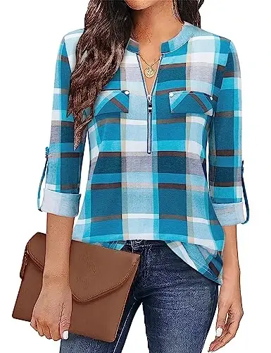 Bulotus Women's Zip Front V-Neck 3/4 Length Sleeve Womens Tops Business Casual Shirts - BULOTUS