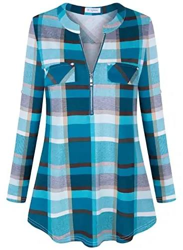 Bulotus Women's Zip Front V-Neck 3/4 Length Sleeve Womens Tops Business Casual Shirts - 4