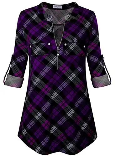 Bulotus Women's Zip Front V-Neck 3/4 Length Sleeve Womens Tops Business Casual Shirts - BULOTUS