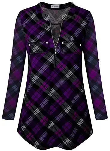 Bulotus Women's Zip Front V-Neck 3/4 Length Sleeve Womens Tops Business Casual Shirts - 2
