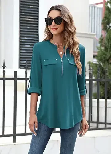 Bulotus Women's Zip Front V-Neck 3/4 Length Sleeve Womens Tops Business Casual Shirts - 2
