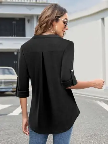 Bulotus 3/4 Length Sleeve Womens Striped Tops Zipper V Neck Collared Blouses Business Casual Tunics 2026 Spring Trendy - 4